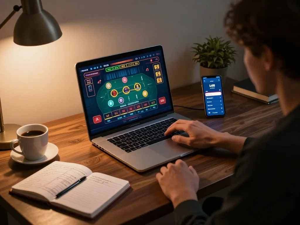 Engaged player enjoys lc88 live dealer game on laptop during cozy home night.