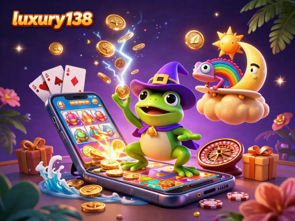 Experience thrilling gameplay with luxury138 as a wizard frog creates golden coin storms amidst vibrant casino elements.