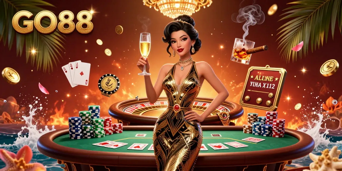 Engage with GO88's glamorous casino scene featuring a sophisticated woman, roulette table, and rich poker elements.