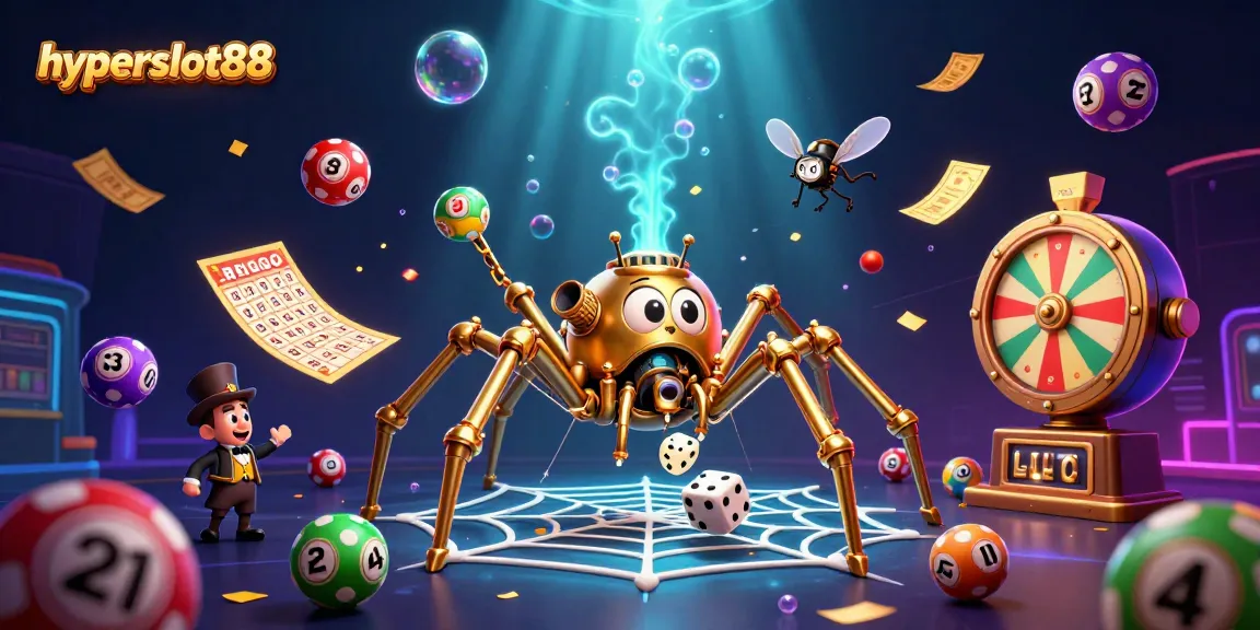 Engage in thrilling wins with hyperslot88 using vibrant lottery balls and a playful steampunk spider.