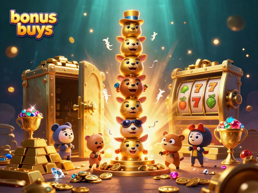 Engage with exciting bonus buys in a vibrant 3D casino scene featuring animated totem pole and treasures.
