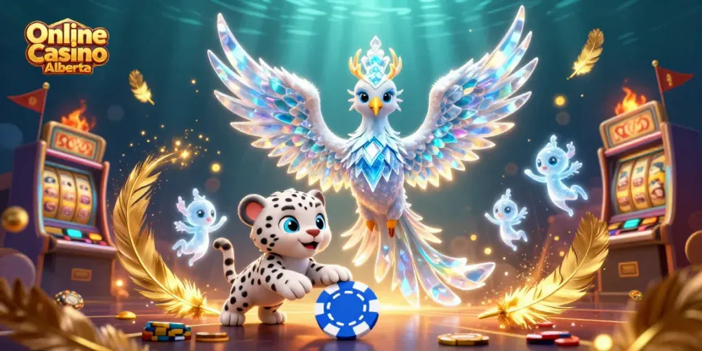 Engage at Online Casino Alberta with a dynamic scene featuring an ice phoenix, snow leopard cub, and sparkling elements.