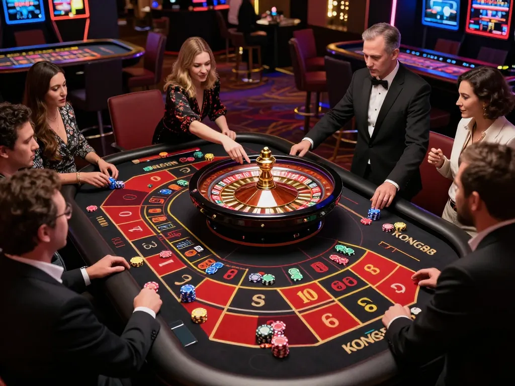 KONG88 players excitedly placing bets during a live roulette game in a vibrant casino atmosphere.