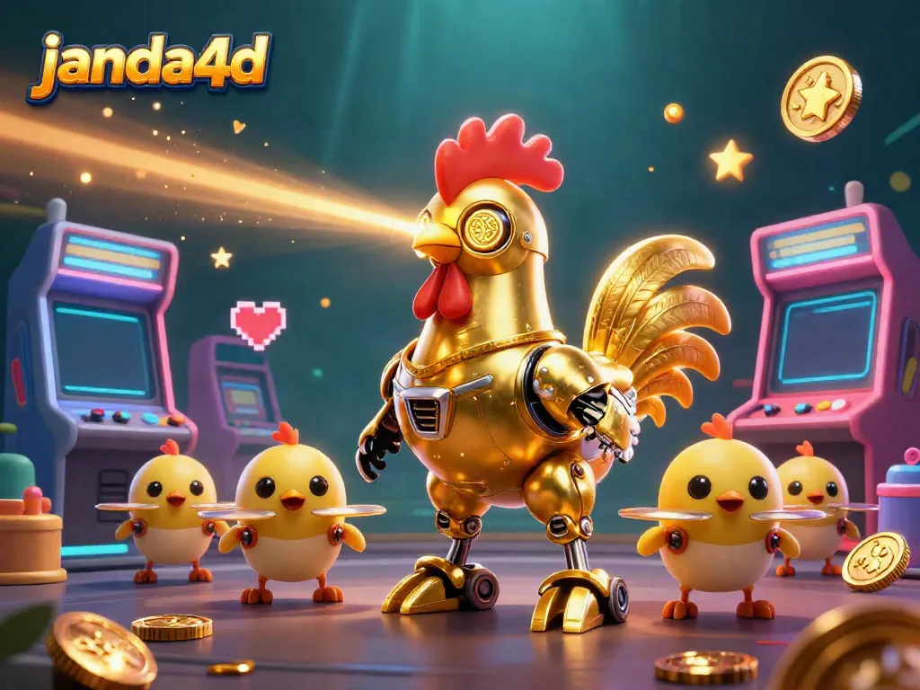 JANDA4D menghadirkan ilustrasi unik dengan robot ayam emas dan mesin arcade dalam suasana kasino digital.