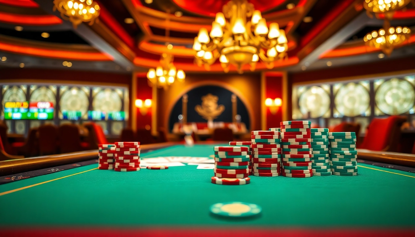 Permainan kasino bbni4d di meja mewah dengan chip dan kartu yang berwarna-warni.