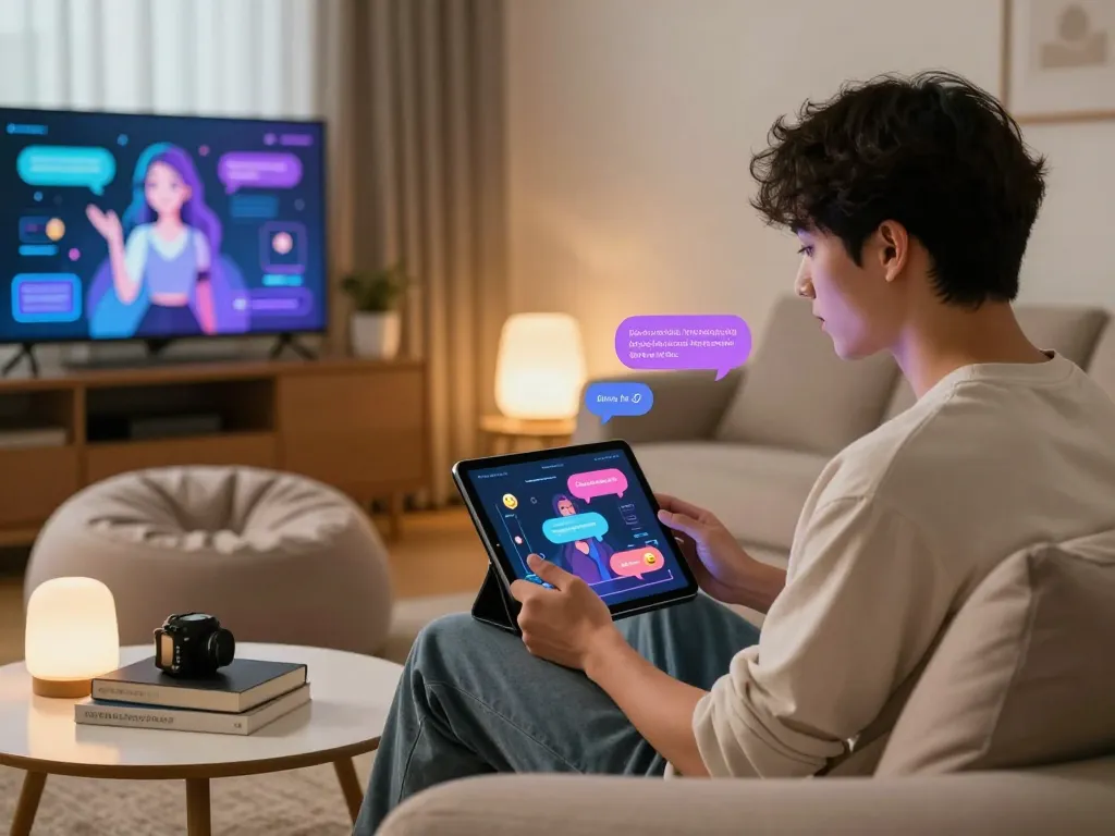 Engaging scene depicting a user enjoying ai sex chat with a digital companion in a cozy modern living room.