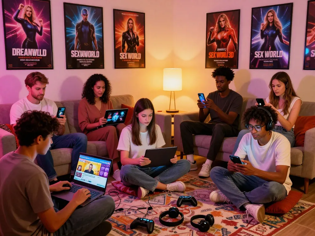 Users immersed in porngames on various devices in a cozy gaming environment.
