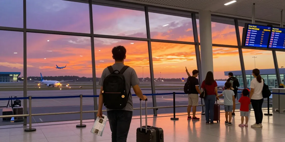 Traveler entering the airport for flight AA 88 at sunset with vibrant colors.