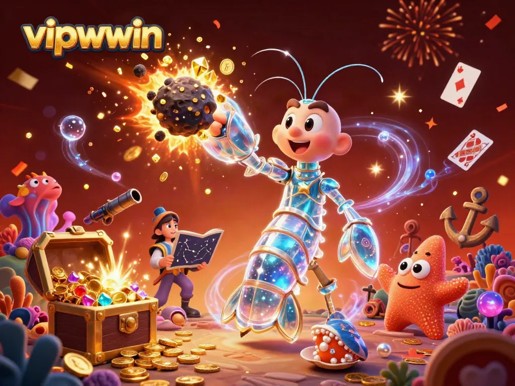 Experience the excitement of vipwwin with vibrant explosions of gems and coins in this dynamic casino-themed illustration.