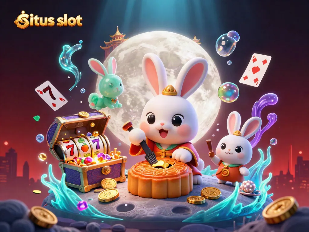 Mencoba keberuntungan di situs slot dengan ilustrasi kartun 3D kelinci bulan mengolah kue bulan dan simbol slot yang bersinar.