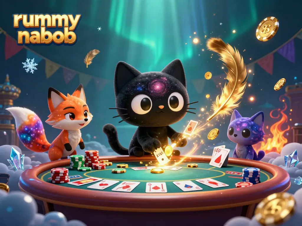 Rummy Nabob menampilkan kucing hitam berbentuk lubang hitam yang menarik chip emas dan kartu dalam kasino kosmik