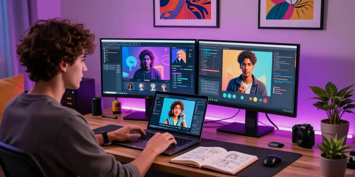Engaged user experiencing interactive NSFW AI chat with custom character on a sleek laptop in a vibrant workspace.