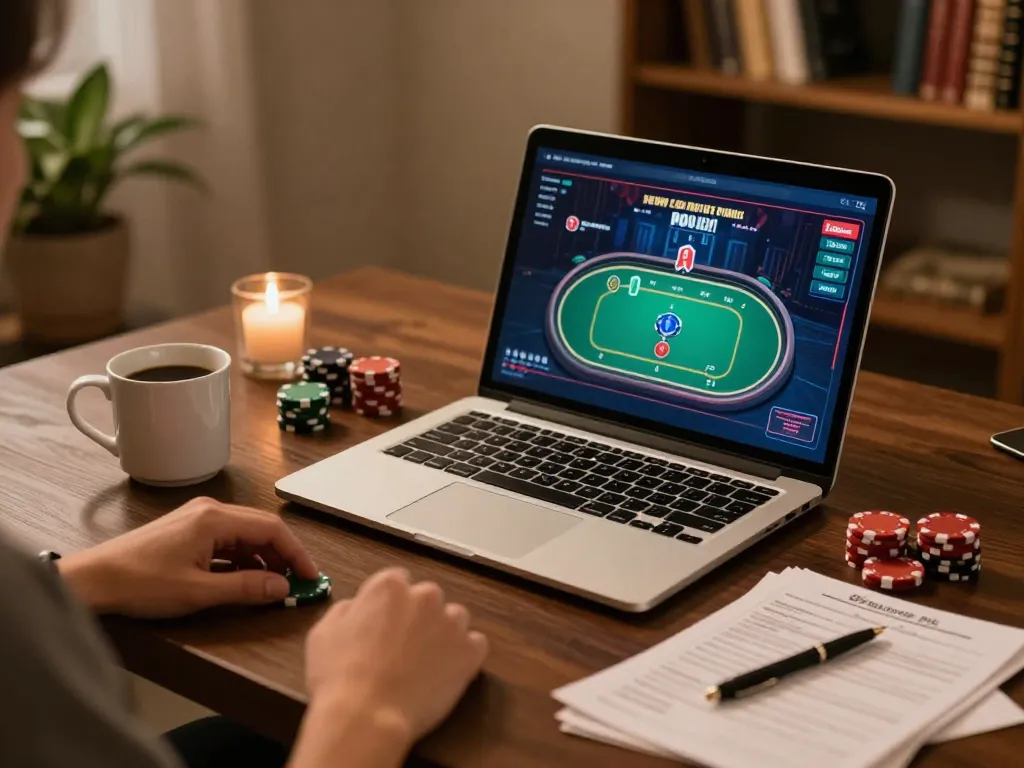Experience smart city hostels while strategizing poker with interactive online gaming setup.