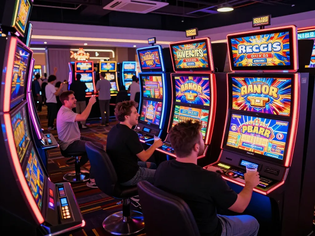 Players enjoying vibrant slot machines at a lively casino showcasing sc88seo gaming excitement.
