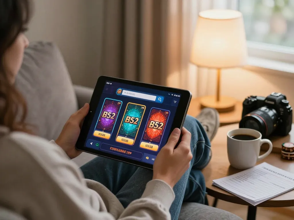 B52 players engaging in online casino games with tablet in cozy home setting