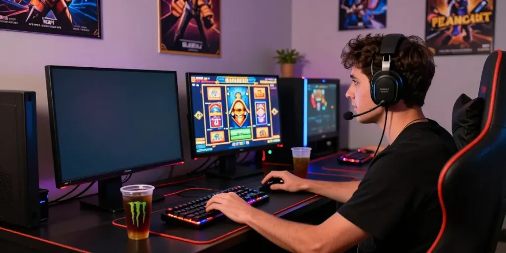 Exciting online gaming setup with player enjoying akunjp slot games.