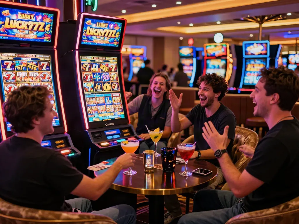 Lucky777 gaming excitement with players around vibrant slot machines in Las Vegas-style lounge.