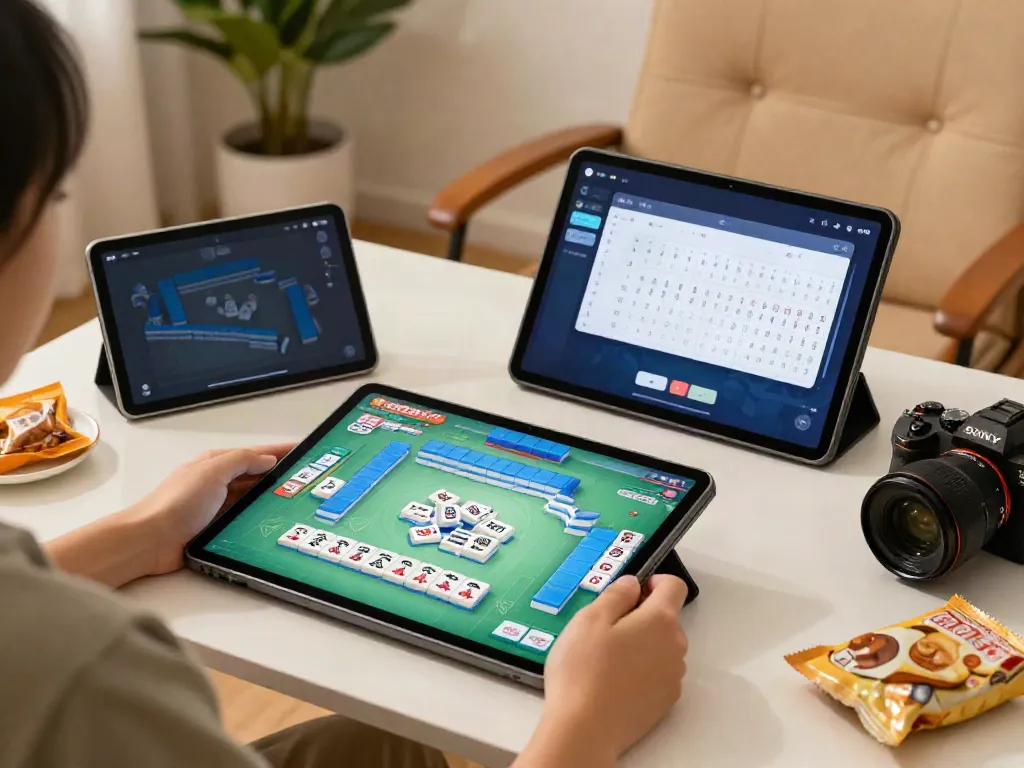Pengguna bermain mesinmpo Mahjong di tablet dengan suasana nyaman dan ceria.