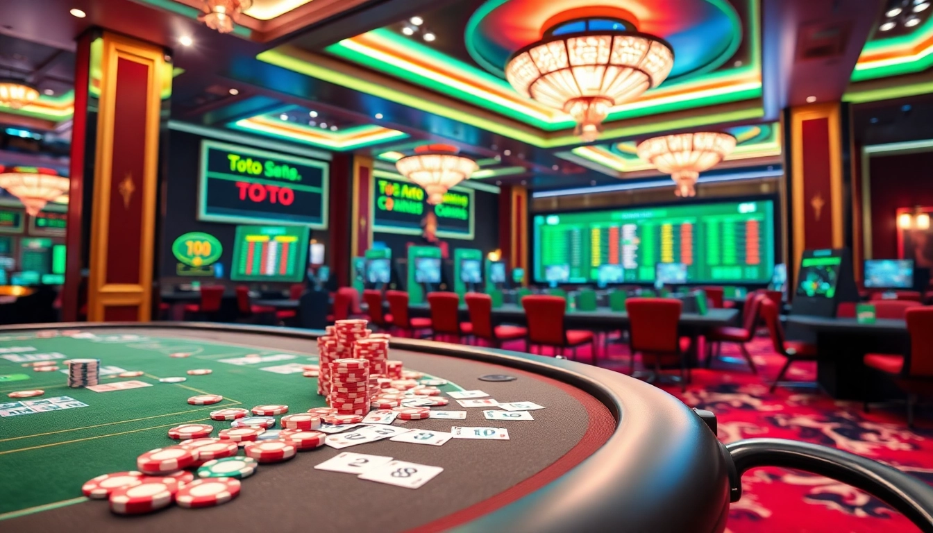 A vibrant gambling scene featuring amanahtoto with casino tables and colorful betting chips.