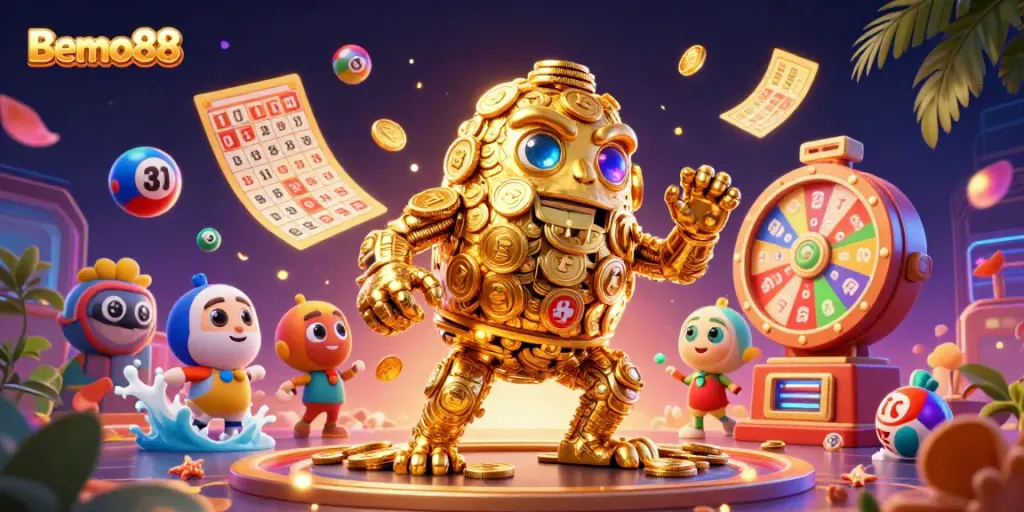 Experience the thrilling world of Bemo88 with a vibrant 3D casino scene filled with gold coins, colorful lottery balls, and dynamic game elements.