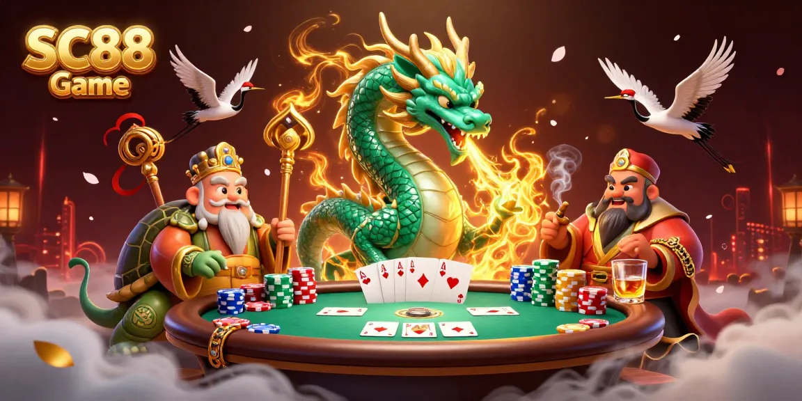 Experience thrilling action with SC88 Game as a dragon, turtle sage, and lucky cranes engage on a lively poker table.