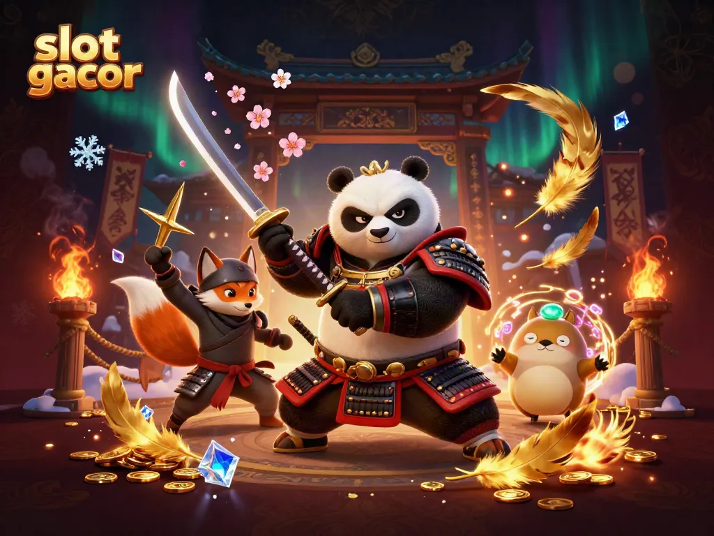 Experience exhilarating action with slot gacor characters like the samurai panda in an enchanting gaming scene.