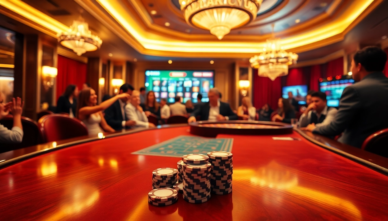 Exciting poker action at a prestigious casino table featuring rikvip chips and cards.