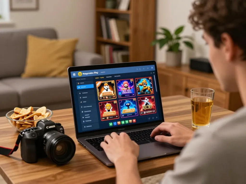 Engaging player using Pragmatic Play Login for online gaming at home, creating a relaxed atmosphere