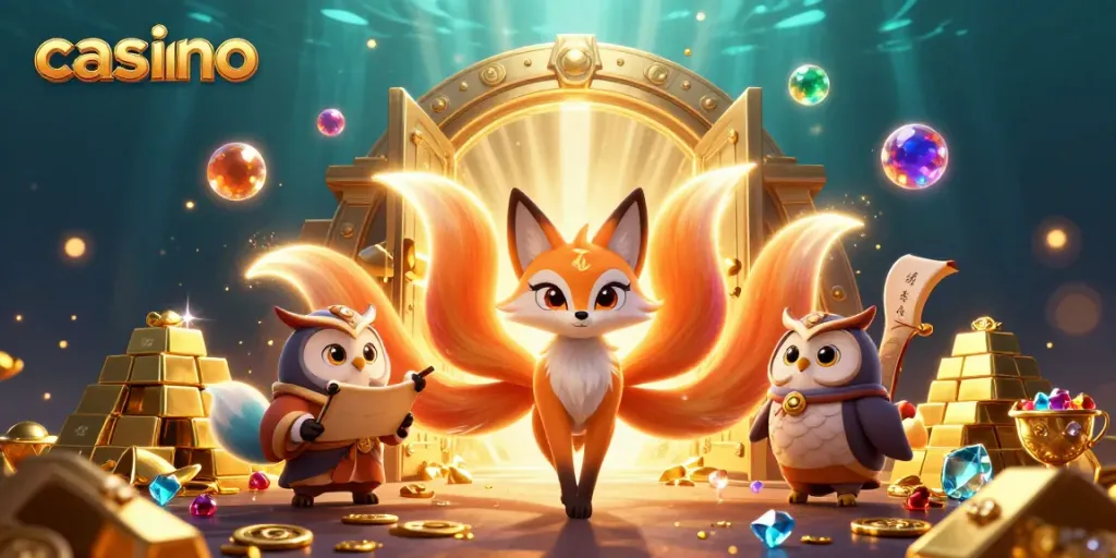 Experience casino enchantment with a colorful fox spirit and wise owl amidst treasures.