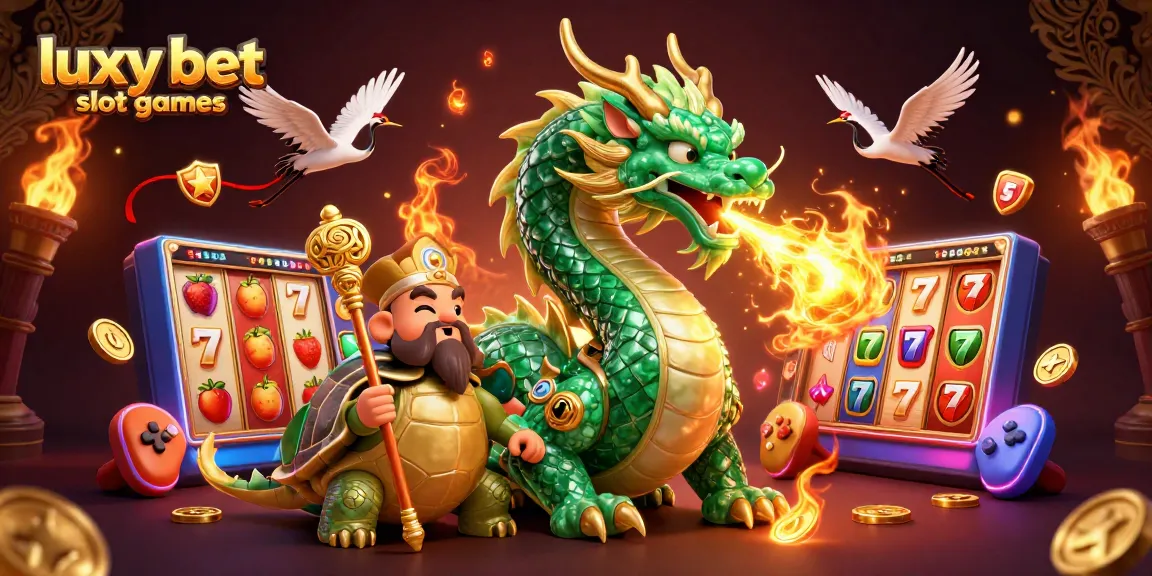 Engage with luxy bet slot games featuring a dragon, turtle sage, and lucky cranes in a vibrant casino setting.