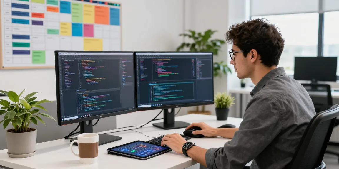 Ruang kerja kreatif untuk pengembang perangkat lunak dengan monitor kode dan suasana yang penuh semangat, halte4d di meja modern.