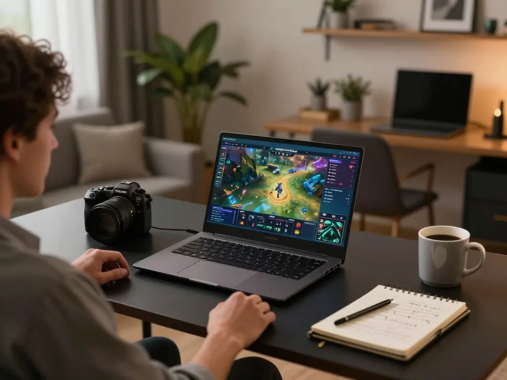 Nego77 player engaging with online casino interface on stylish home gaming setup.