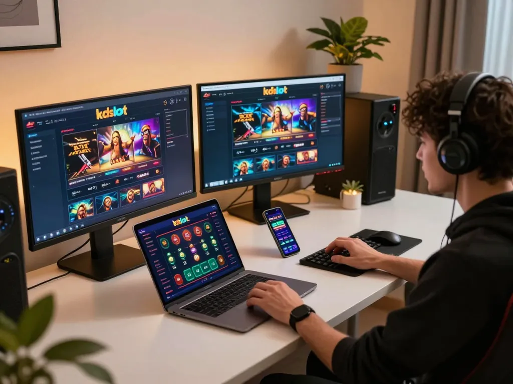 Engaged user playing kdslot on multiple screens in a cozy home environment, illustrating responsible online gaming.