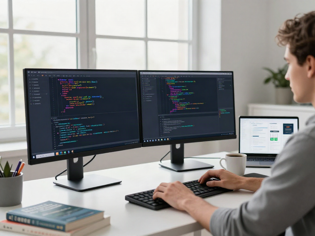 A80 information platform tech workspace where a developer codes on dual monitors surrounded by modern tools.