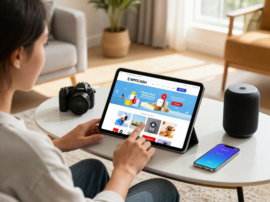 Customer engaging with mpocash.blog on a tablet in a cozy living room
