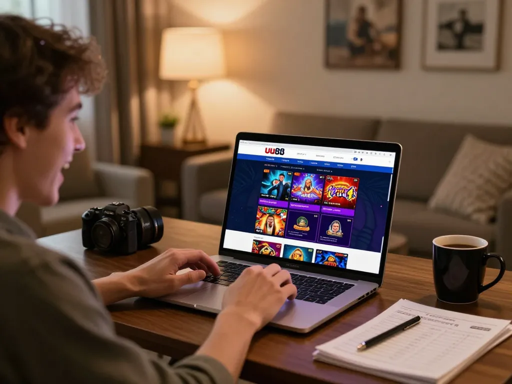 Person exploring uu88 online casino games on a laptop during a cozy home gaming session