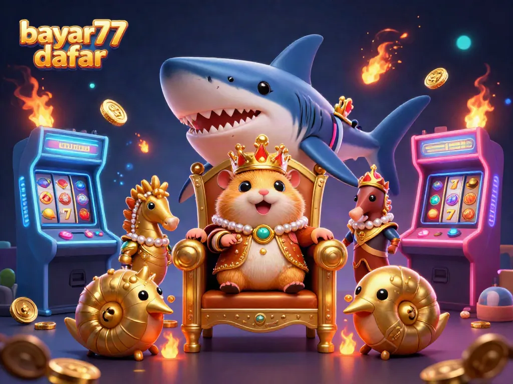 Play thrilling games with bayar77 daftar, featuring a mighty hamster king surrounded by vibrant casino elements.
