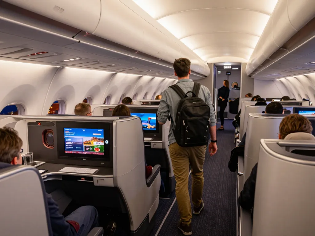 Examine the plush interior of an American Airlines Boeing 787P with travelers exploring luxury features.