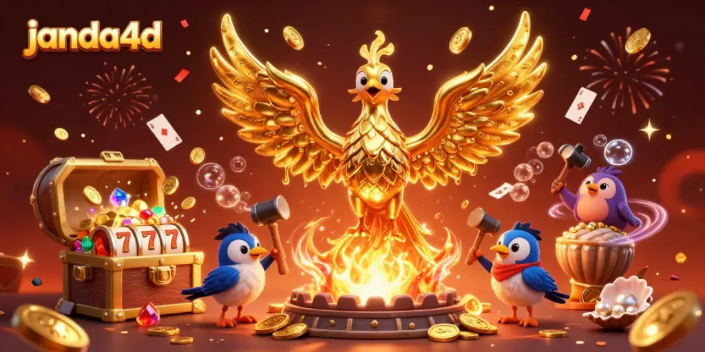 Menangkan jackpot di janda4d dengan ilustrasi phoenix emas dan elemen slot yang berkilau.