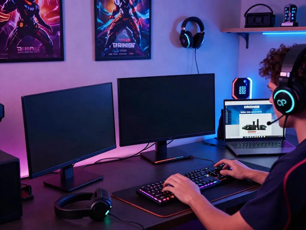Engaging gaming setup featuring player using ORION88 app on smartphone surrounded by gaming gear.