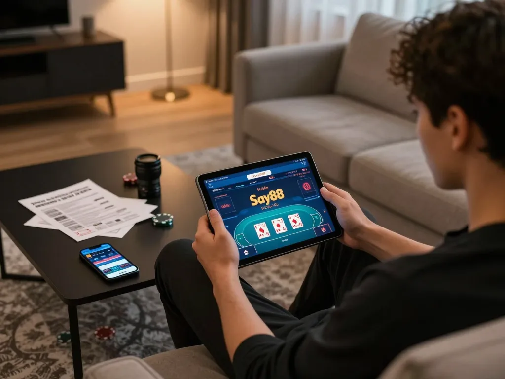 Engaging gaming moment on Say88 nhà cái with poker interface visible on a tablet, showcasing responsible gaming practices.