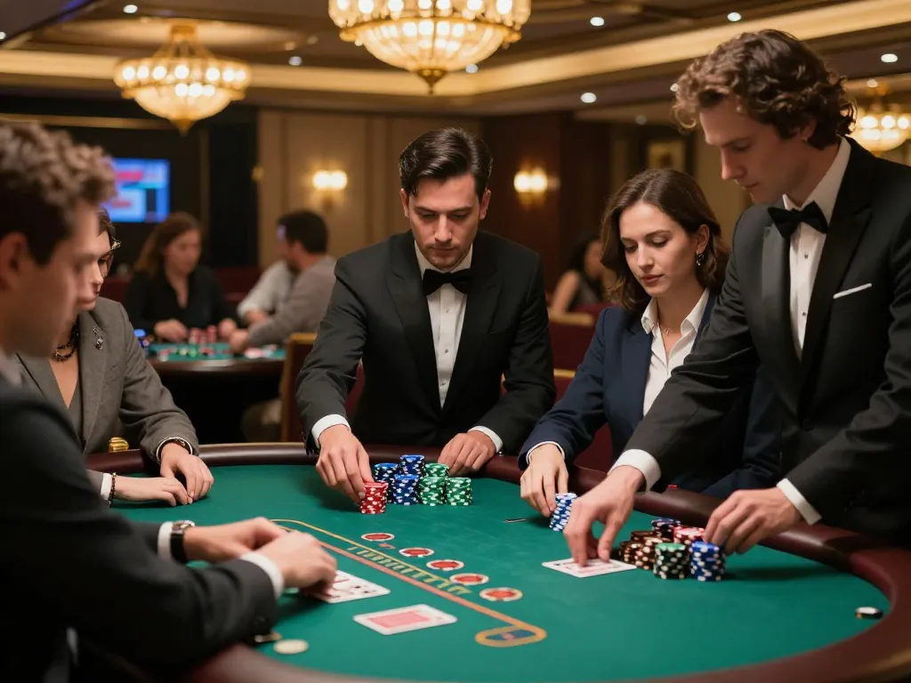 Players at a sky88 blackjack table strategizing their next moves in a luxurious casino setting.