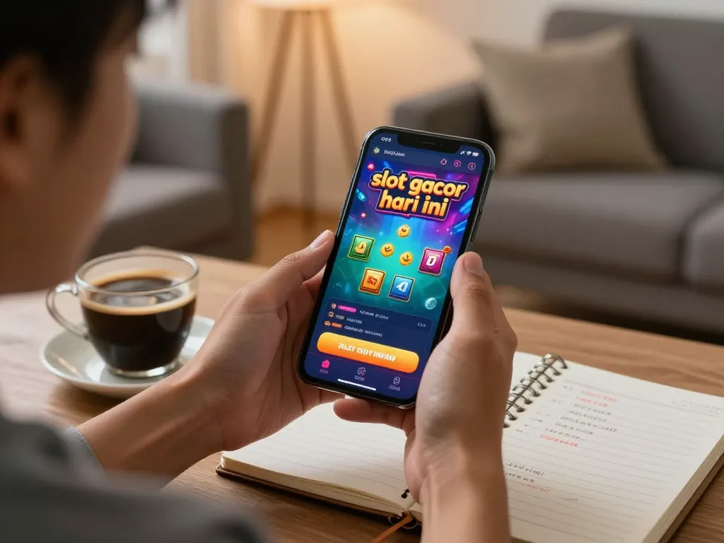 Engaging in the slot gacor hari ini game on a smartphone in a cozy home while enjoying coffee.