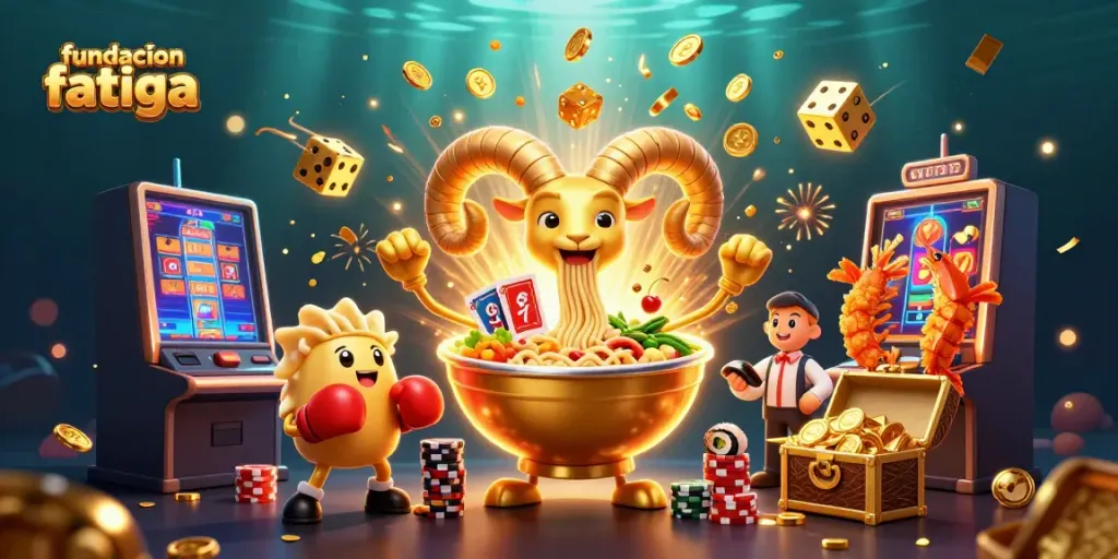 Fundacionfatiga's vibrant gaming experience with a whimsical ramen bowl character and casino elements.
