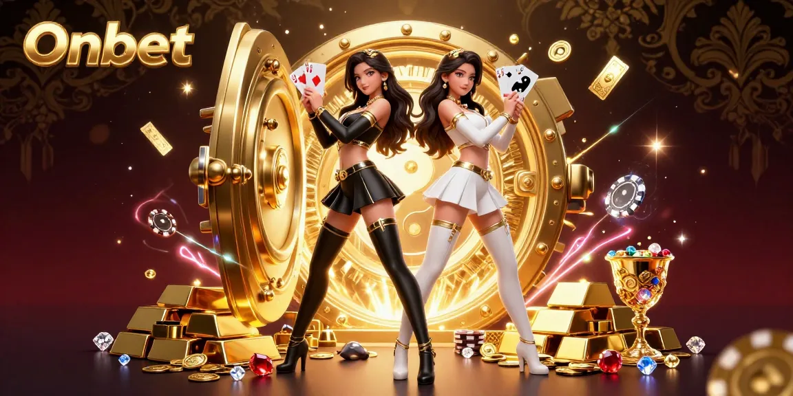 Join the excitement at Onbet with twin Asian women showcasing their skills with playing cards amidst treasures in a vibrant casino scene.