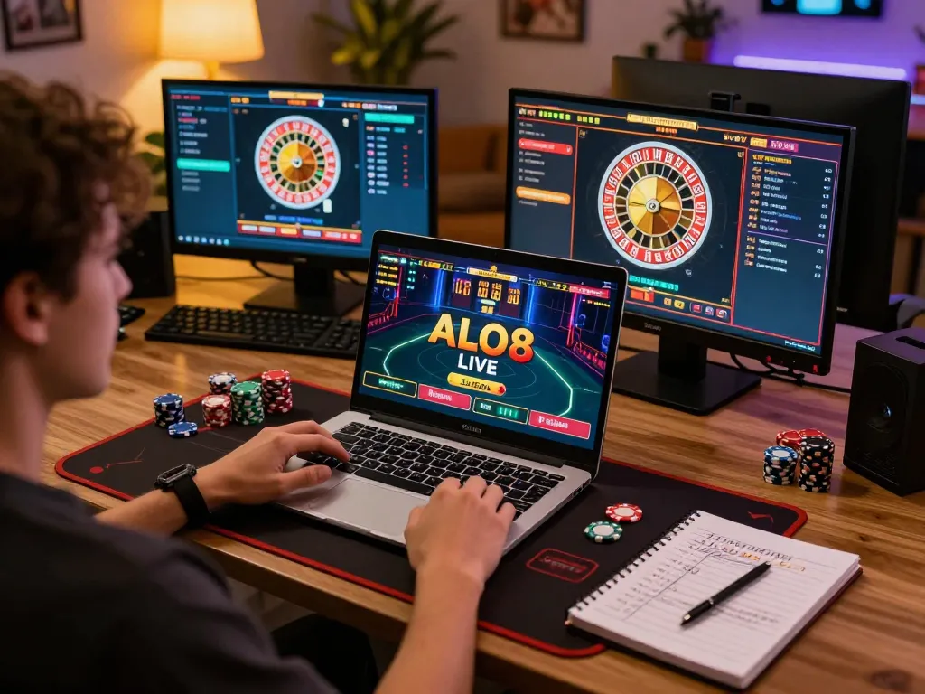 Engaging in ALO8 Live casino gameplay, showcasing an online setup with various gaming windows.