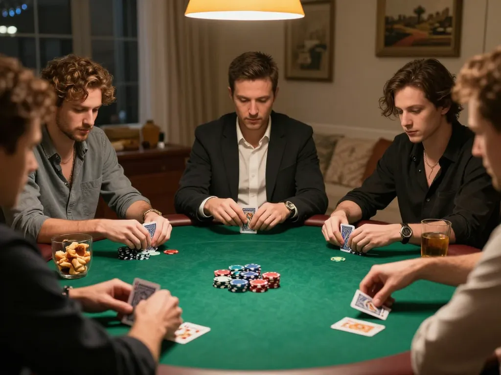 Players strategizing their hands at SC88 poker night with rich chips and warm lighting