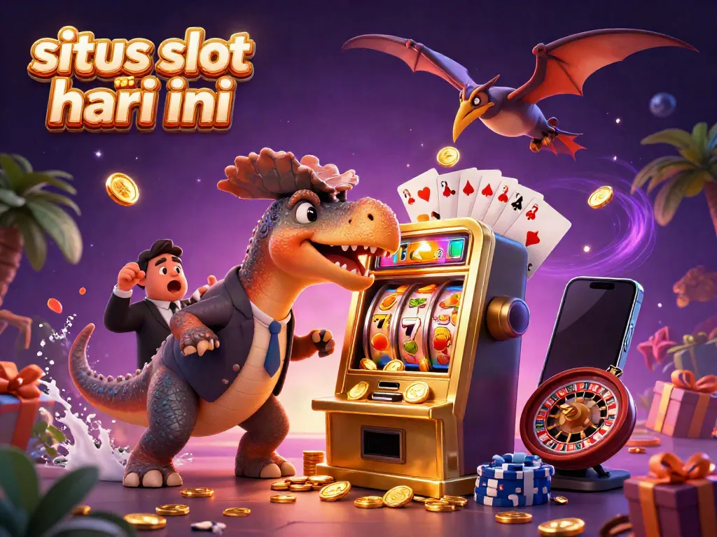 Slot gacor hari ini: Dinosaurus meriahkan mesin slot emas yang memancarkan koin jackpot.