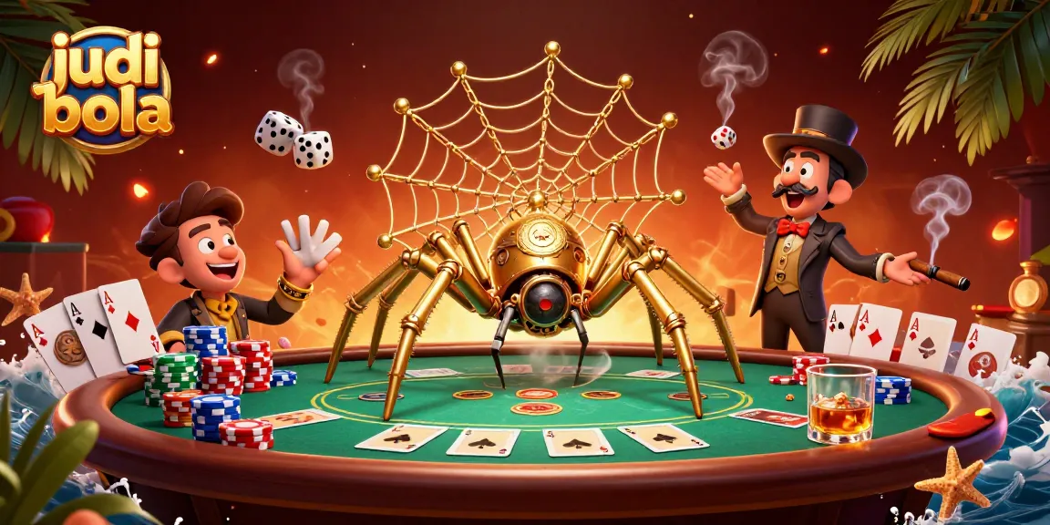Play judi bola with a vibrant 3D scene of a steampunk spider ensnaring dice amidst poker chips.