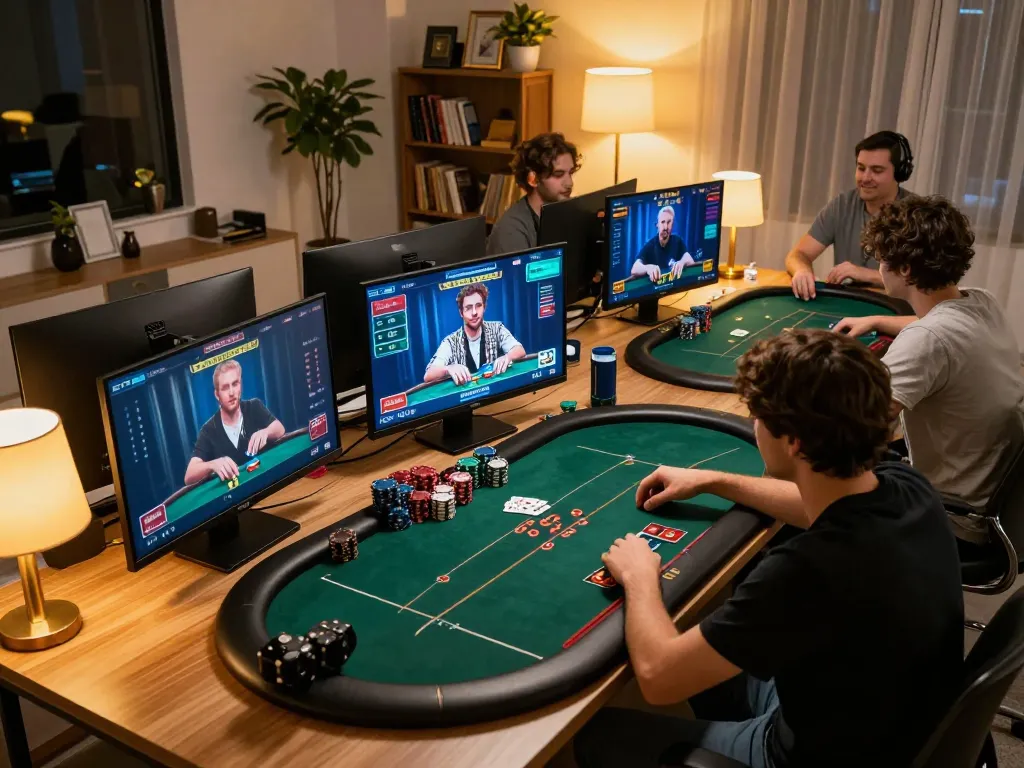 KJC players engaged in a thrilling online poker game at home, showcasing strategic gameplay.
